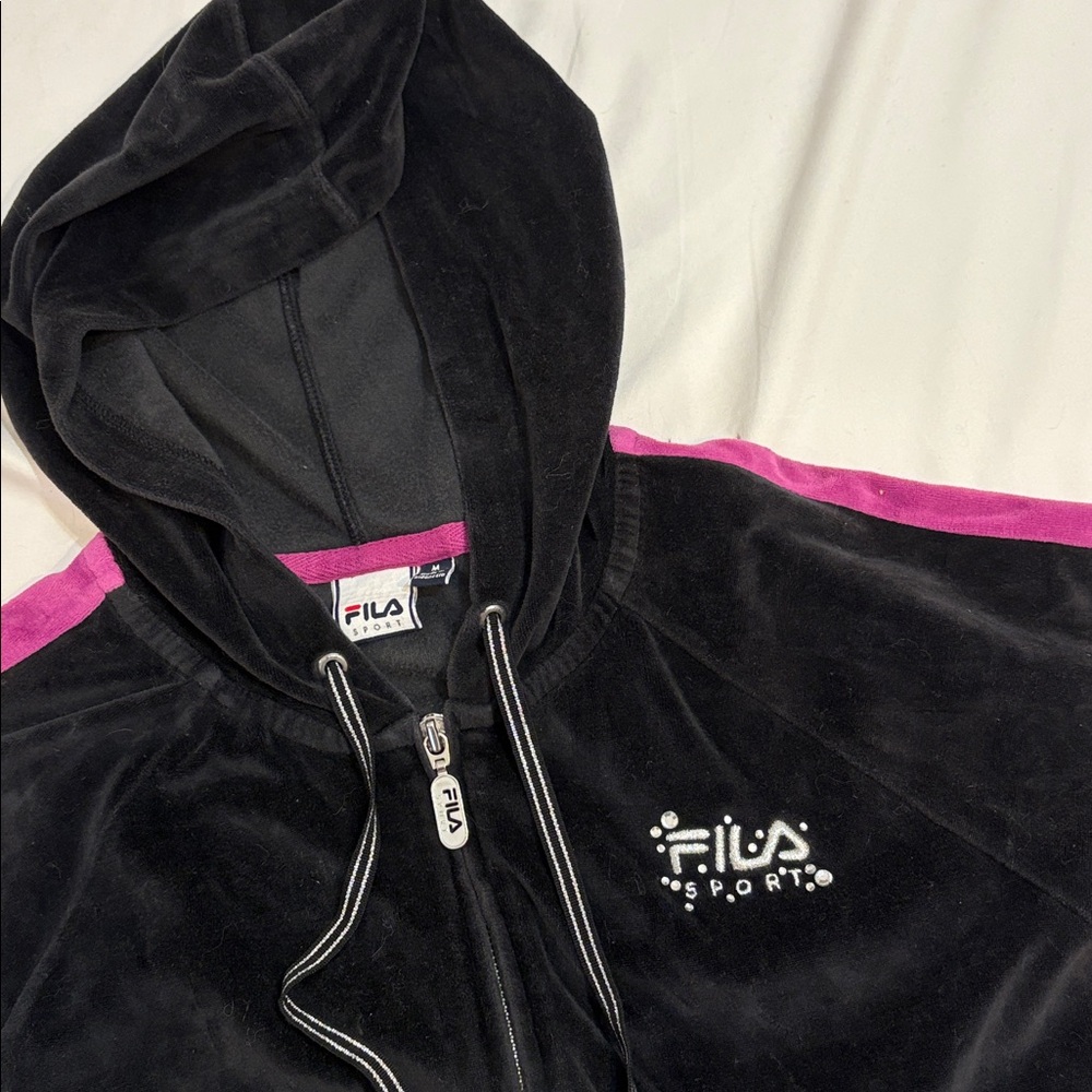 Y2K Velour Full Zip Track Jacket, Metallic Sparkle, Bedazzled Logo, Fila Medium